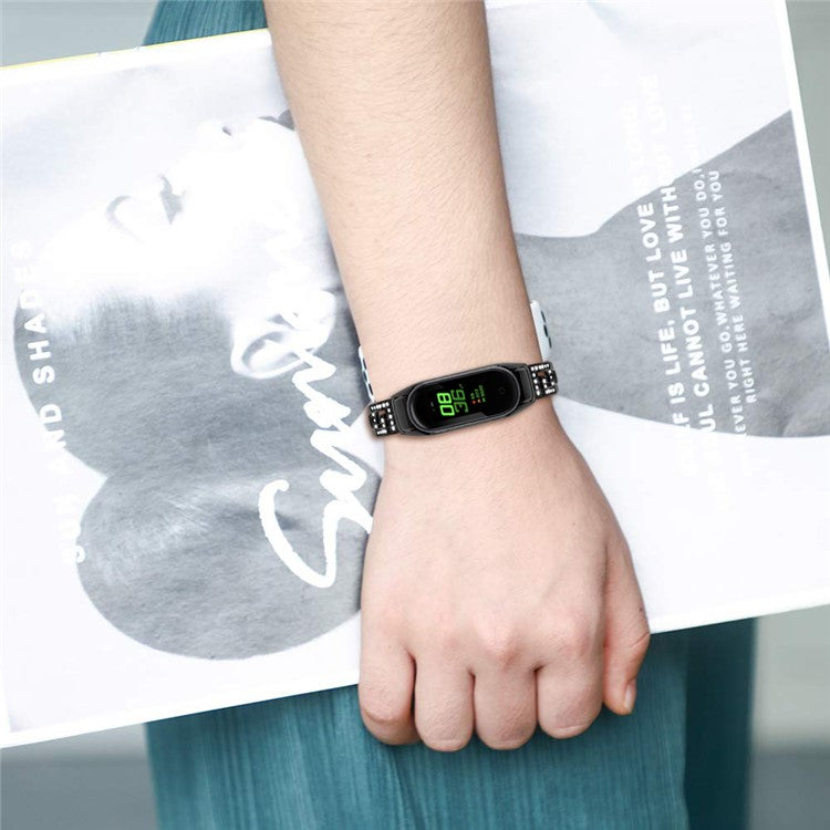 For Xiaomi Smart Band 9 NFC / 9 / 8 NFC / 8 G Letter Rhinestones Decor Watch Strap Stainless Steel Wrist Band - Black