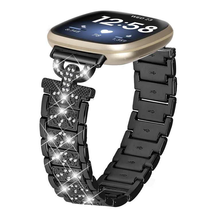 3-Bead Rhinestone Decor Smartwatch Strap for Fitbit Versa 3 / Sense , Stainless Steel Watch Band Replacement - Black