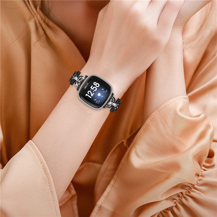3-Bead Rhinestone Decor Smartwatch Strap for Fitbit Versa 3 / Sense , Stainless Steel Watch Band Replacement - Black