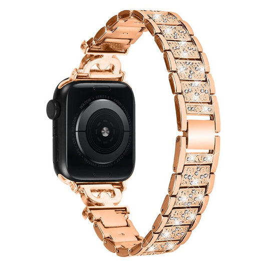 Watch Band for Apple Watch Series 10 46mm / Ultra 2 Ultra 49mm /  Series 9 8 7 45mm / 6 5 4 SE (2023) SE (2022) SE 44mm / 3 2 1 42mm , 3-Bead Rhinestone Decor Stainless Steel Strap - Rose Gold