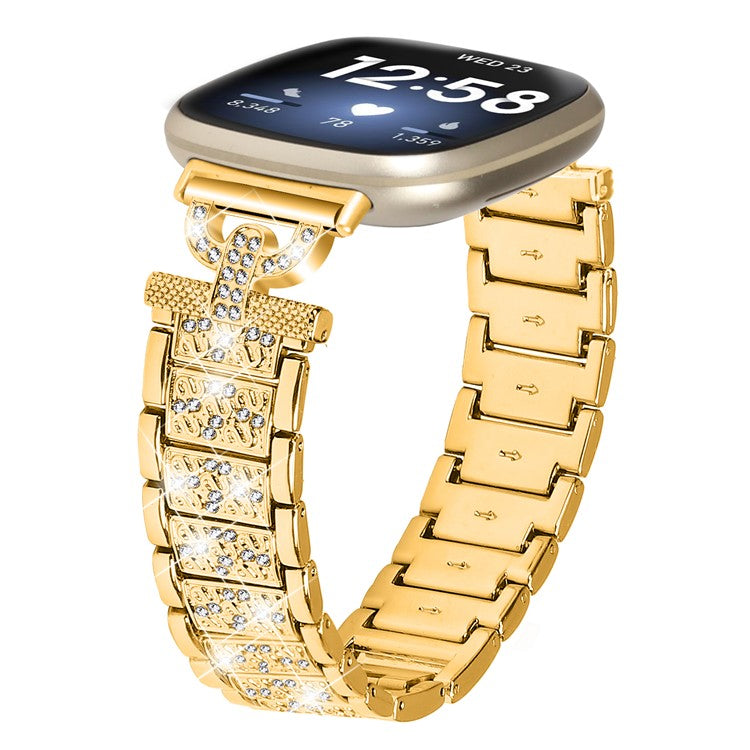For Fitbit Versa 4 / Sense 2 Stainless Steel Watch Band 3-Bead Rhinestone Decor Replacement Bracelet - Gold