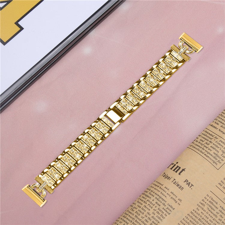 For Fitbit Versa 4 / Sense 2 Stainless Steel Watch Band 3-Bead Rhinestone Decor Replacement Bracelet - Gold