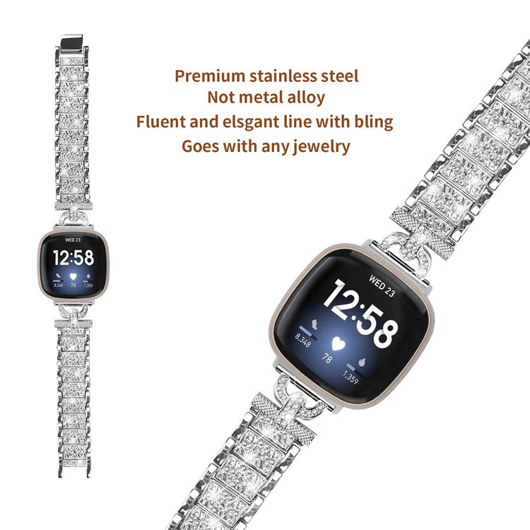 For Fitbit Versa 4 / Sense 2 Stainless Steel Watch Band 3-Bead Rhinestone Decor Replacement Bracelet - Silver