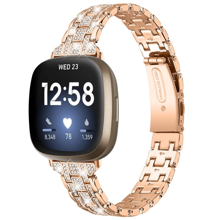 For Fitbit Versa 4 / Sense 2 Rhinestones Decor Metal Watch Band 5 Beads Dual Press Buckle Dressy Replacement Bracelet - Rose Gold