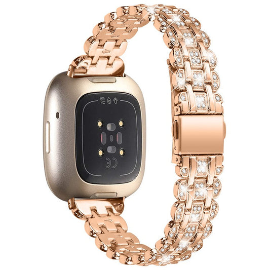 For Fitbit Versa 4 / Sense 2 Metal Wristband Rhinestone Decor Shiny Replacement Bracelet - Rose Gold