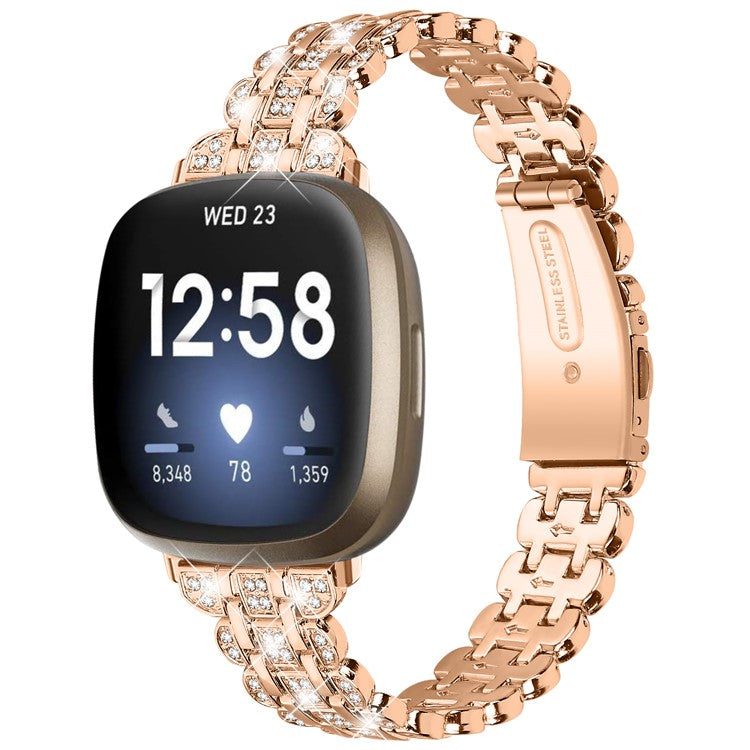For Fitbit Versa 4 / Sense 2 Metal Wristband Rhinestone Decor Shiny Replacement Bracelet - Rose Gold