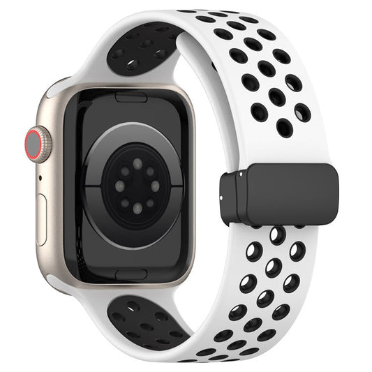 For Apple Watch Series 10 46mm / Ultra 2 Ultra 49mm /  Series 9 8 7 45mm / 6 5 4 SE (2023) SE (2022) SE 44mm / 3 2 1 42mm Silicone Strap Dual Color Breathable Watch Band - White / Black