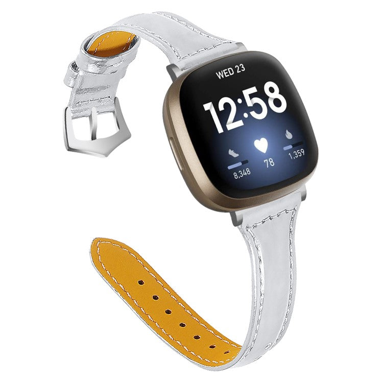For Fitbit Versa 4 / Sense 2 Genuine Cow Leather Watch Band 20mm Slim Watch Strap - Bright Silver