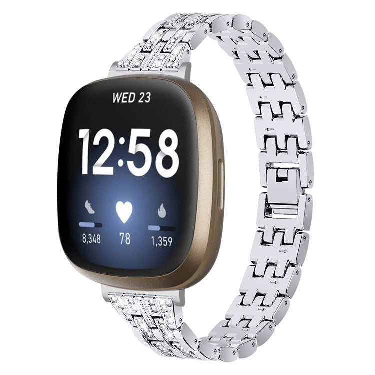 For Fitbit Versa 4 / Sense 2 Zinc Alloy 2 Rows Rhinestone Watch Strap Replacement Wrist Band - Silver