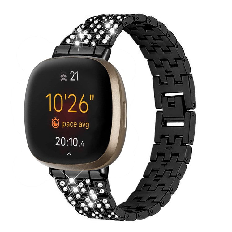 For Fitbit Versa 4 / Sense 2 Rhinestones Decor Zinc Alloy Strap Replacement Smartwatch Band - Black