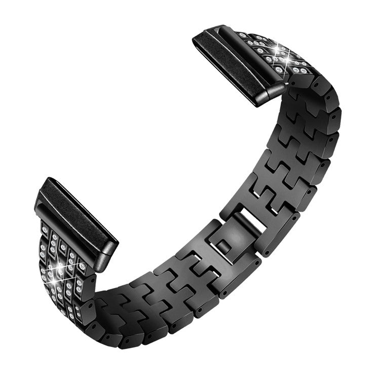 For Fitbit Versa 4 / Sense 2 Rhinestones Decor Zinc Alloy Strap Replacement Smartwatch Band - Black