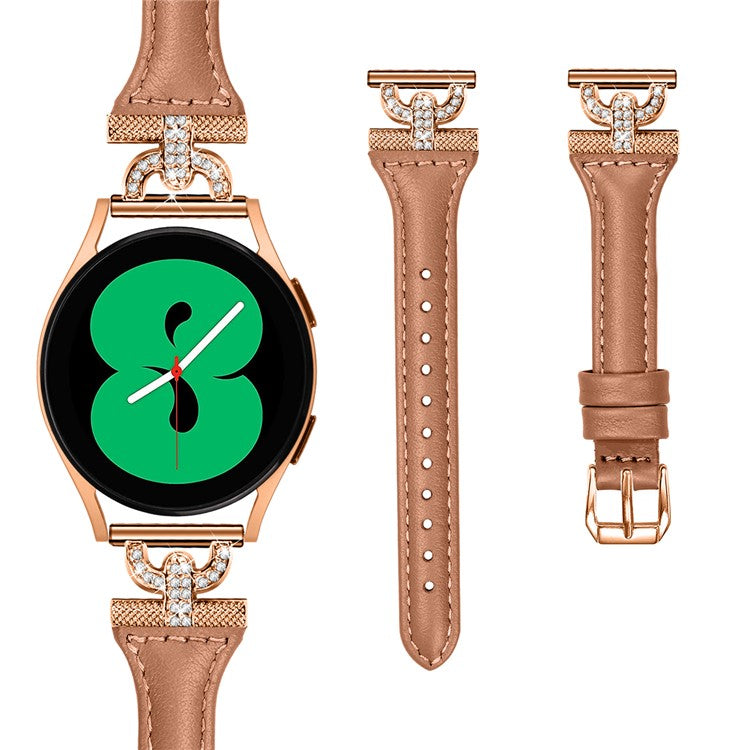 Watch Band for Samsung Galaxy Watch6 40mm 44mm / Watch6 Classic 43mm 47mm / Watch 5 40mm 44mm / Watch4 40mm 44mm , Rhinestone Decor 20mm Genuine Cow Leather Strap with Rose Gold Buckle - Brown