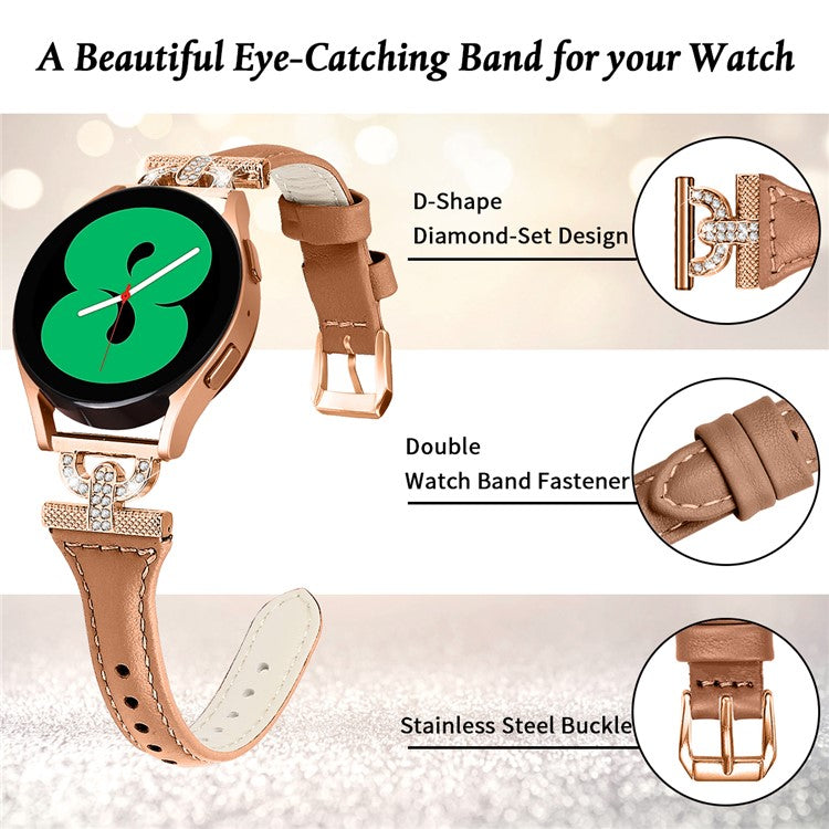 Watch Band for Samsung Galaxy Watch6 40mm 44mm / Watch6 Classic 43mm 47mm / Watch 5 40mm 44mm / Watch4 40mm 44mm , Rhinestone Decor 20mm Genuine Cow Leather Strap with Rose Gold Buckle - Brown
