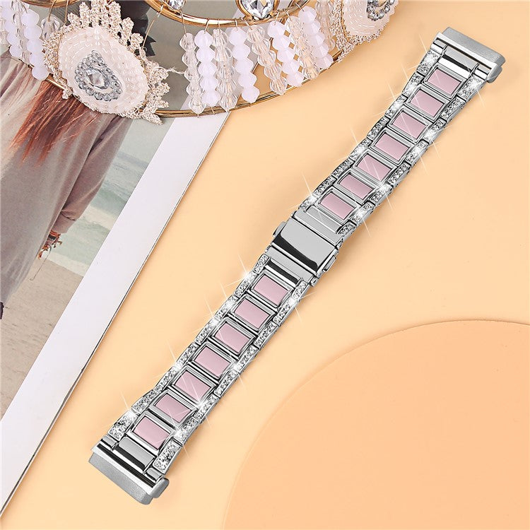 For Fitbit Versa 4 / Sense 2 Watch Band Stainless Steel Resin Strap Rhinestone Decor Bracelet - Silver / Pink
