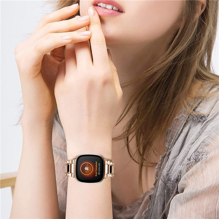 For Fitbit Versa 4 / Sense 2 Resin Watch Strap Stainless Steel Rhinestone Decor Watch Band - Rose Gold / Black