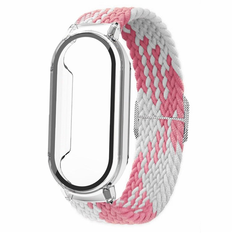 For Xiaomi Smart Band 8 Braided Nylon Watch Band Elastic Wrist Strap with Watch Case and Screen Protector - Pink White+Transparent Case