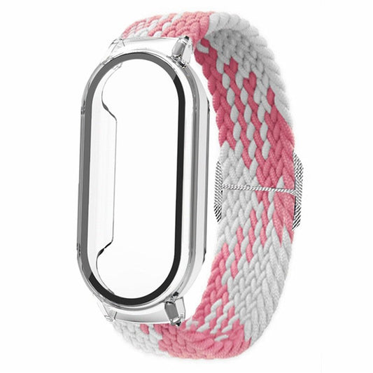 For Xiaomi Smart Band 8 Braided Nylon Watch Band Elastic Wrist Strap with Watch Case and Screen Protector - Pink White+Transparent Case