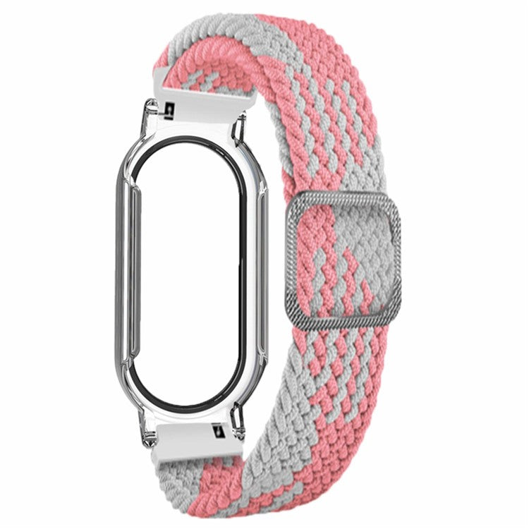 For Xiaomi Smart Band 8 Braided Nylon Watch Band Elastic Wrist Strap with Watch Case and Screen Protector - Pink White+Transparent Case