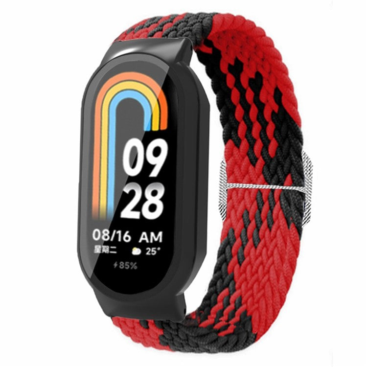 For Xiaomi Smart Band 8 Braided Nylon Watch Band Elastic Wrist Strap with Watch Case and Screen Protector - Red Black+Black Case
