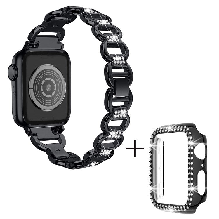 For Apple Watch Series 1 / 2 / 3 42mm Oval Alloy Strap Rhinestones Decor Watch Band + PC Watch Case - Black