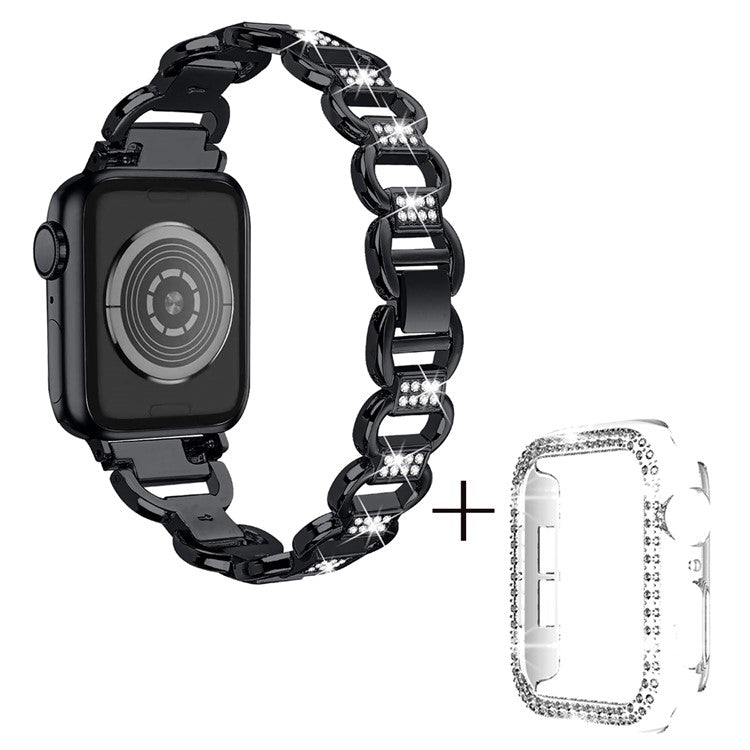 For Apple Watch Series 7 / 8 45mm Oval Alloy Strap Rhinestones Decor Wrist Band + PC Clear Watch Case - Black