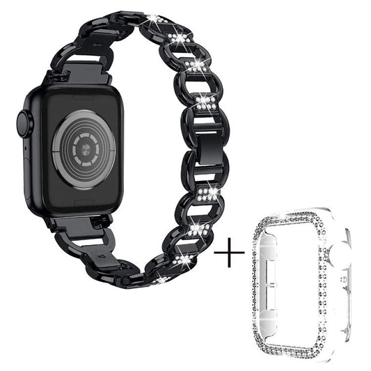 For Apple Watch Series 7 / 8 45mm Oval Alloy Strap Rhinestones Decor Wrist Band + PC Clear Watch Case - Black