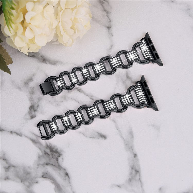 For Apple Watch Series 7 / 8 45mm Oval Alloy Strap Rhinestones Decor Wrist Band + PC Clear Watch Case - Black