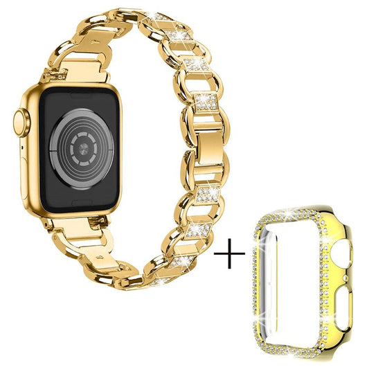For Apple Watch Series 7 / 8 45mm Oval Alloy Wrist Strap Rhinestones Decor Watchband + PC Watch Case - Gold