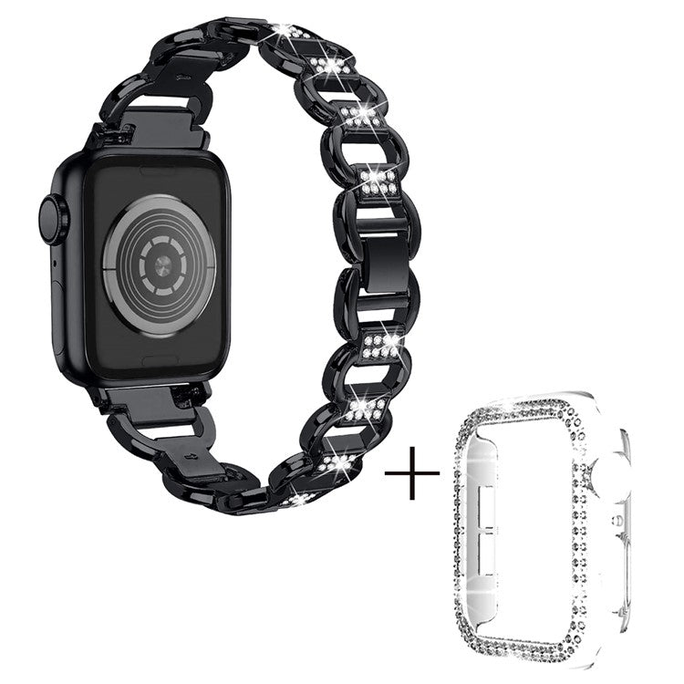 For Apple Watch Series 4 / 5 / 6 / SE / SE (2022) 44mm Rhinestones Decor Oval Shape Alloy Wrist Strap + PC Clear Watch Case - Black
