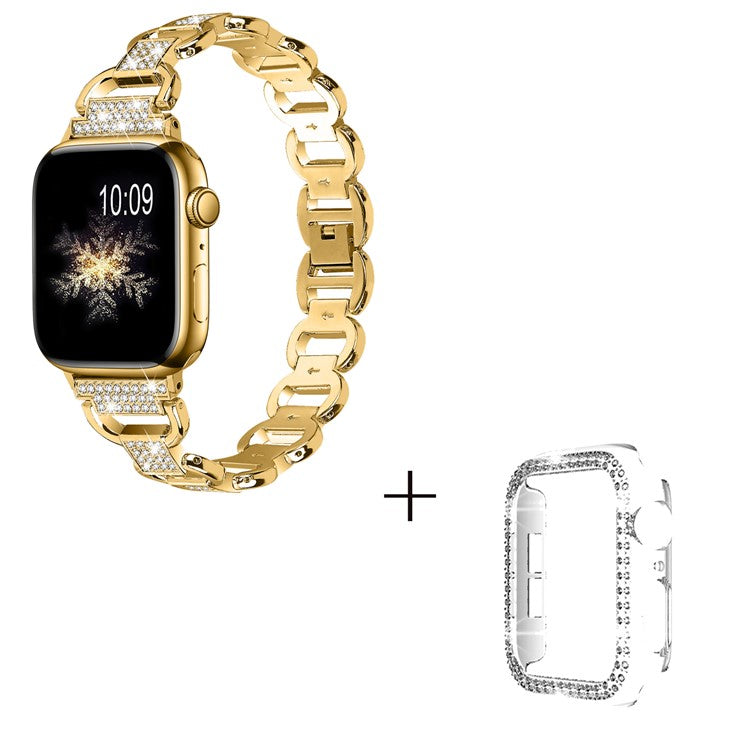 For Apple Watch Series 4 / 5 / 6 / SE / SE (2022) 44mm Rhinestones Decor Oval Shape Alloy Wrist Strap + PC Clear Watch Case - Gold