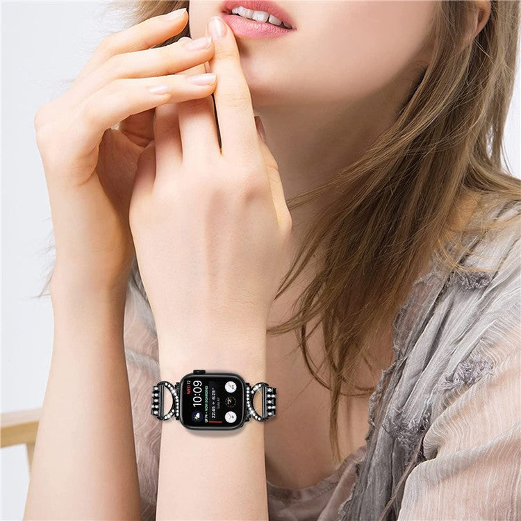 Watch Band for Apple Watch Series 3 2 1 42mm , 5-Bead Rhinestone Decor Stainless Steel Strap + Transparent PC Watch Case - Black