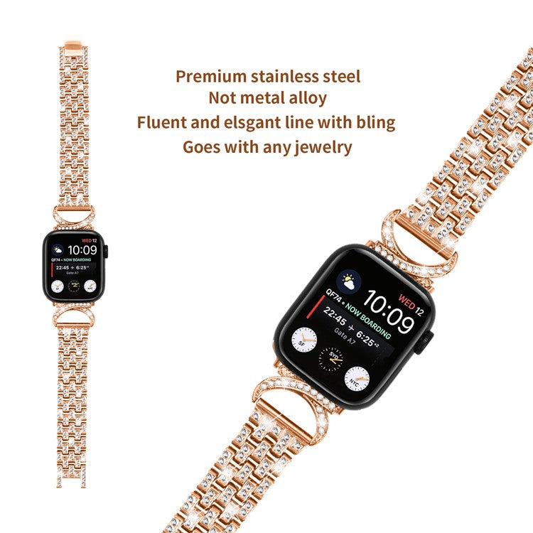 Watch Band with PC Case for Apple Watch Series 8 7 41mm , Rhinestone Decor 5-Bead Stainless Steel Replacement Strap - Rose Gold