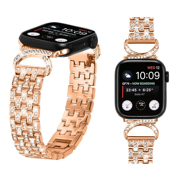 Watch Band with PC Case for Apple Watch Series 8 7 41mm , Rhinestone Decor 5-Bead Stainless Steel Replacement Strap - Rose Gold