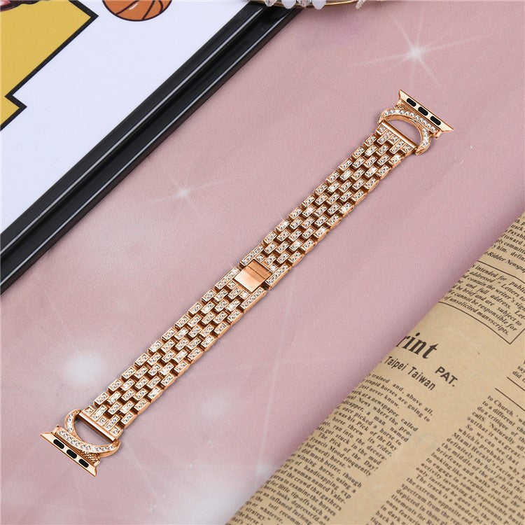 Watch Band with PC Case for Apple Watch Series 8 7 41mm , Rhinestone Decor 5-Bead Stainless Steel Replacement Strap - Rose Gold