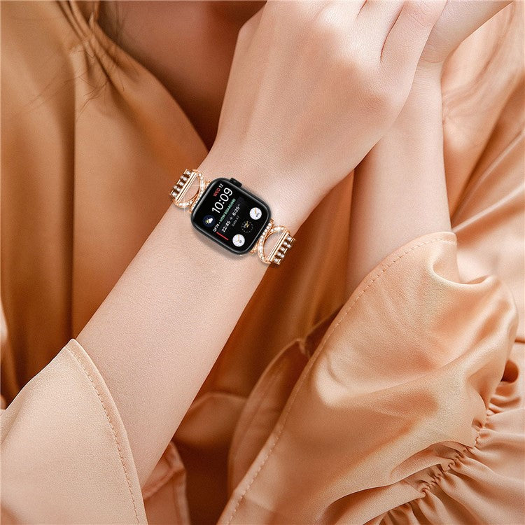 Watch Band with PC Case for Apple Watch Series 8 7 41mm , Rhinestone Decor 5-Bead Stainless Steel Replacement Strap - Rose Gold