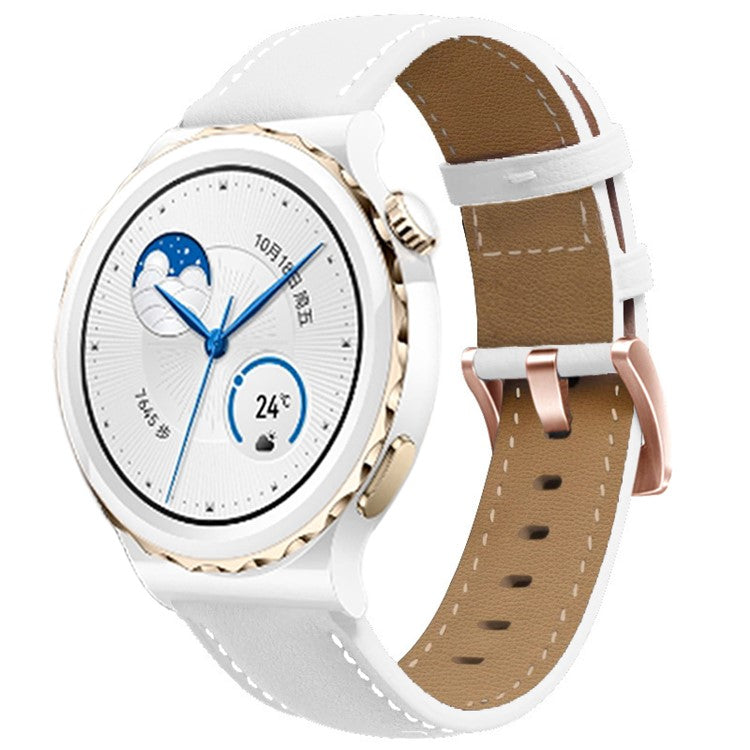 For Garmin Forerunner 265S / 255S / Venu 2S Watch Band 18mm Genuine Cow Leather Wrist Strap, Rose Gold Buckle - White