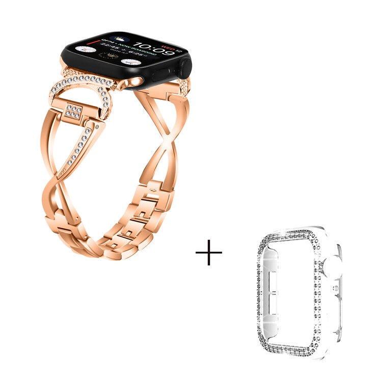 For Apple Watch Series 1  /  2  /  3 38mm Rhinestones Decor X-shape Alloy Wrist Strap + Clear PC Watch Case - Rose Gold