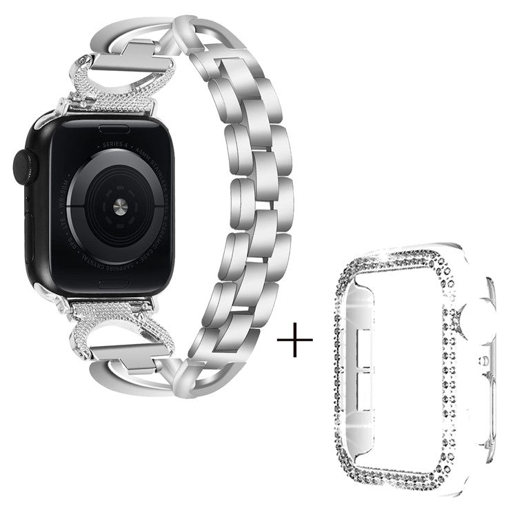 For Apple Watch Series 1  /  2  /  3 38mm Rhinestones Decor X-shape Alloy Wrist Strap + Clear PC Watch Case - Silver