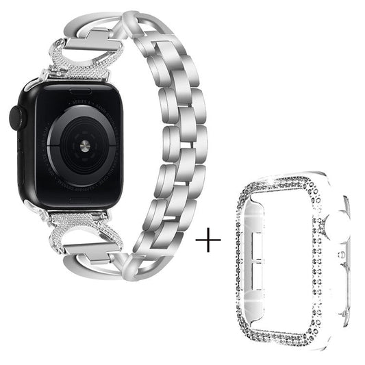 For Apple Watch Series 1  /  2  /  3 38mm Rhinestones Decor X-shape Alloy Wrist Strap + Clear PC Watch Case - Silver