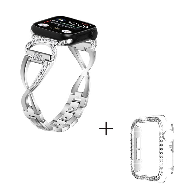 For Apple Watch Series 1  /  2  /  3 38mm Rhinestones Decor X-shape Alloy Wrist Strap + Clear PC Watch Case - Silver