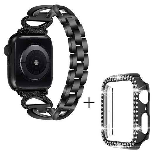 For Apple Watch Series 4 / 5 / 6 / SE / SE (2022) 40mm Rhinestones Decor X-shape Alloy Smartwatch Strap + PC Watch Case - Black