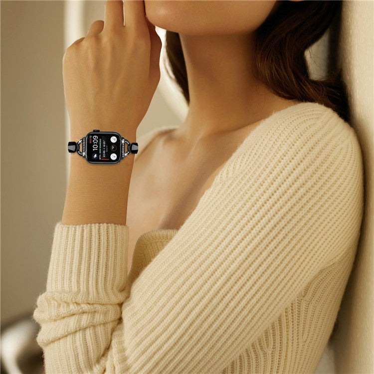 Copper Watch Band for Apple Watch Series 10 42mm / 9 8 7 41mm / SE (2023) SE (2022) SE 6 5 4 40mm / 3 2 1 38mm D-Shaped Rhinestone Decor Bracelet - Black