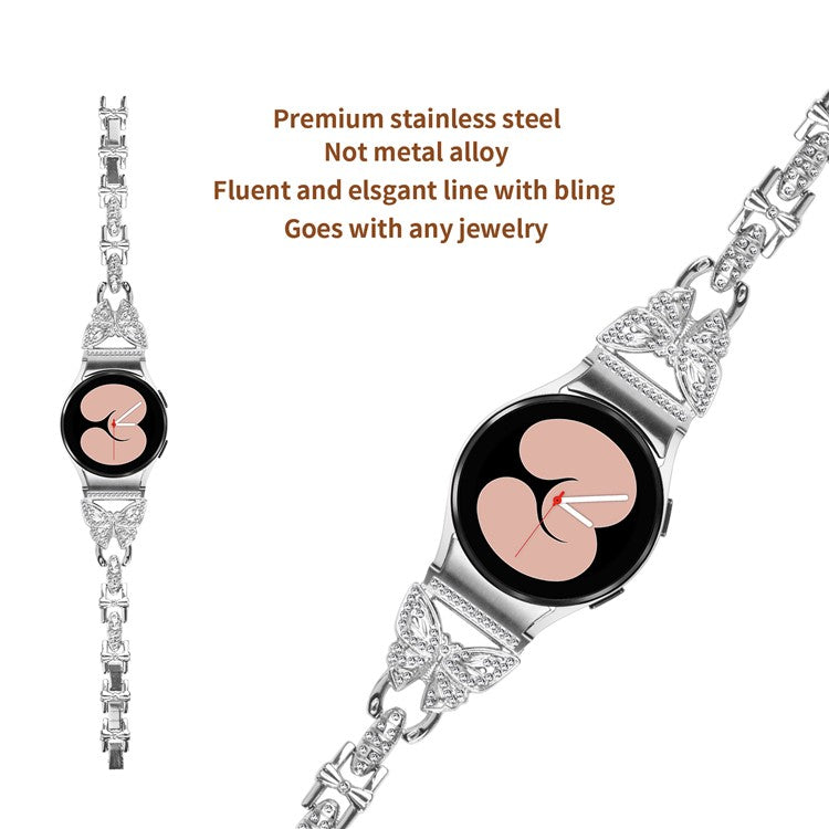 Stainless Steel Band for Samsung Galaxy Watch4 40mm 44mm / Watch5 40mm 44mm / Watch4 Classic 42mm 46mm , Rhinestone Decor 20mm Watch Strap with Connector - Silver