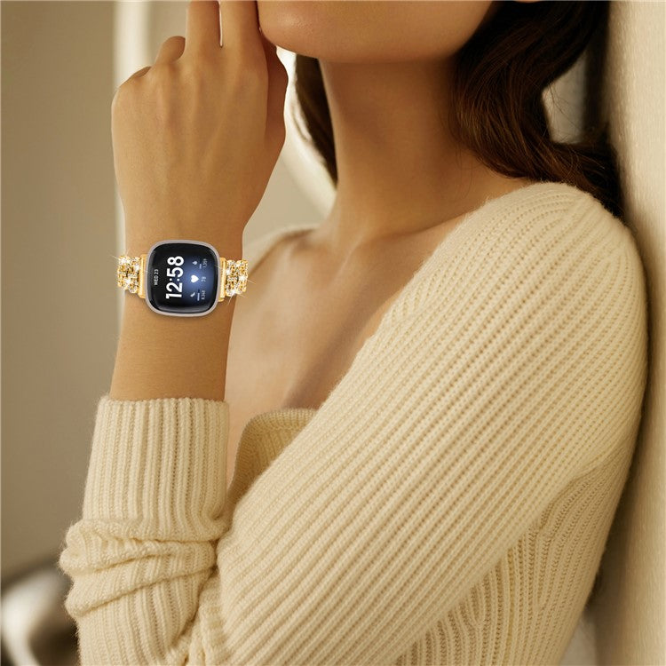 For Fitbit Versa 3 / Sense Rhinestones Decor Zinc Alloy Replace Strap Gourd Shape Watch Band - Gold