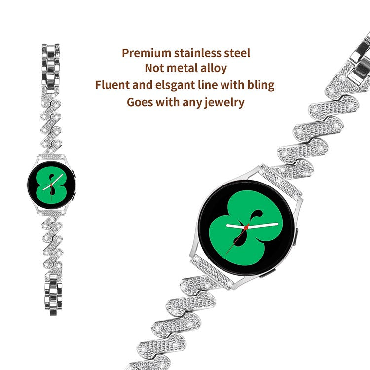 For Samsung Galaxy Watch6 40 / 44mm / Watch6 Classic 43 / 47mm Metal Watch Band 20mm Rhinestone Replacement Watch Strap - Silver