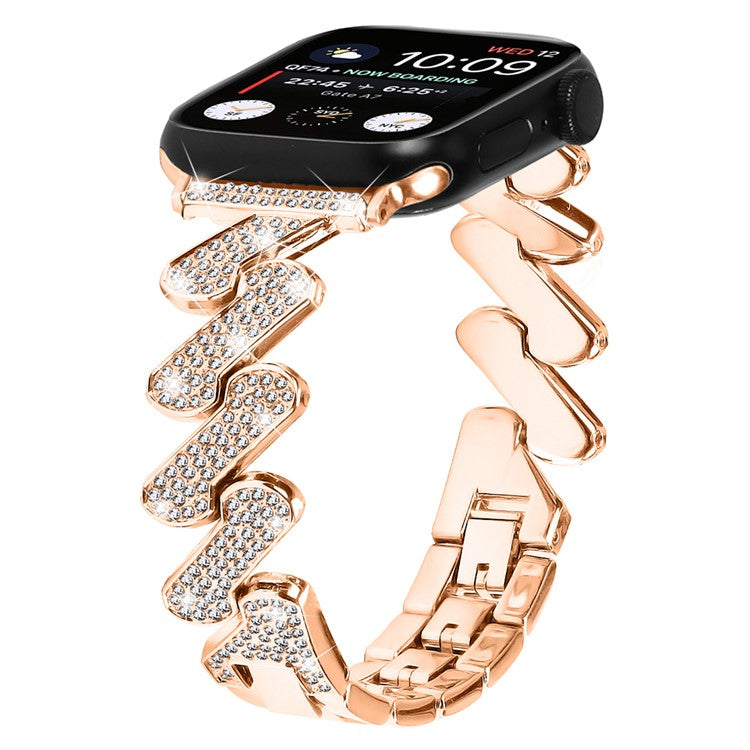 For Apple Watch Series 10 46mm / Ultra 2 Ultra 49mm /  Series 9 8 7 45mm / 6 5 4 SE (2023) SE (2022) SE 44mm / 3 2 1 42mm Rhinestones Decor Strap Zinc Alloy Wrist Band - Rose Gold