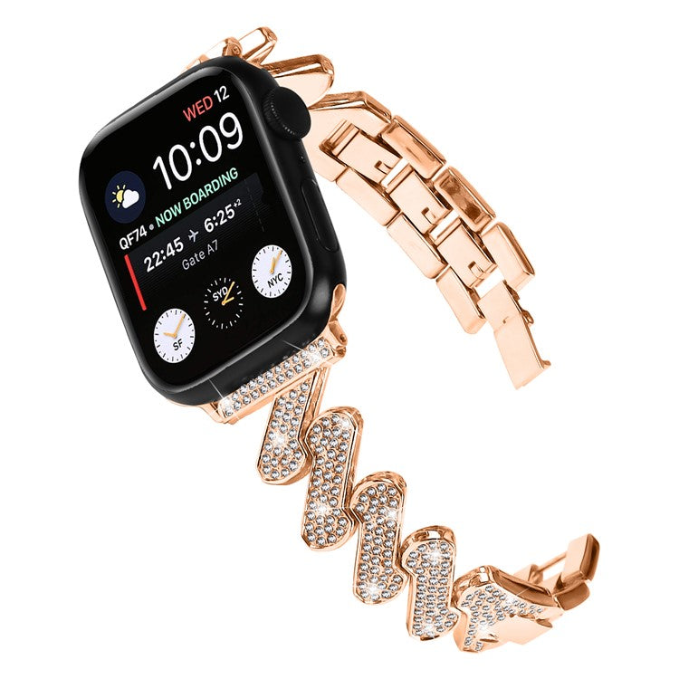 For Apple Watch Series 10 46mm / Ultra 2 Ultra 49mm /  Series 9 8 7 45mm / 6 5 4 SE (2023) SE (2022) SE 44mm / 3 2 1 42mm Rhinestones Decor Strap Zinc Alloy Wrist Band - Rose Gold