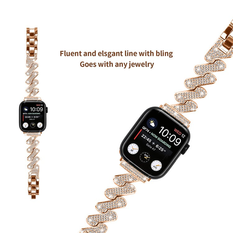For Apple Watch Series 10 46mm / Ultra 2 Ultra 49mm /  Series 9 8 7 45mm / 6 5 4 SE (2023) SE (2022) SE 44mm / 3 2 1 42mm Rhinestones Decor Strap Zinc Alloy Wrist Band - Rose Gold