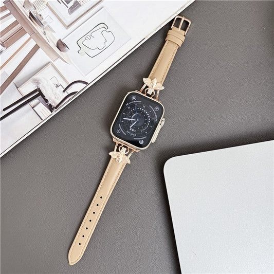 For Apple Watch Series 10 46mm / Ultra 2 Ultra 49mm /  Series 9 8 7 45mm / 6 5 4 SE (2023) SE (2022) SE 44mm / 3 2 1 42mm Genuine Cow Leather Watchband Bee Decoration Watch Strap - Khaki