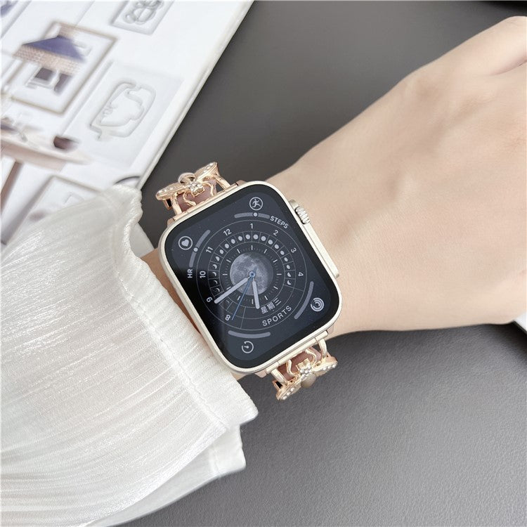 For Apple Watch Series 10 46mm / Ultra 2 Ultra 49mm /  Series 9 8 7 45mm / 6 5 4 SE (2023) SE (2022) SE 44mm / 3 2 1 42mm Genuine Cow Leather Watchband Bee Decoration Watch Strap - Khaki